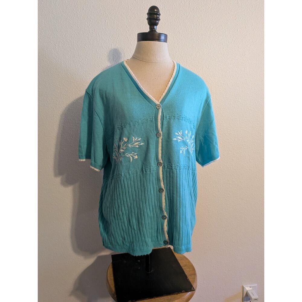 Vintage‎ teal and white floral short sleeve cardigan